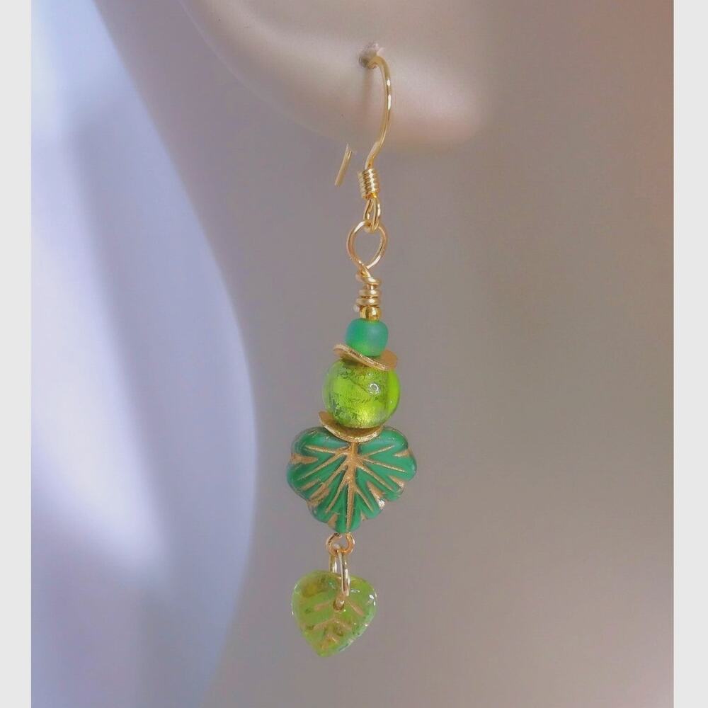 Artisan Etched Czech Glass Earrings Rustic Beaded Green Leaves Gold Tone Dangle
